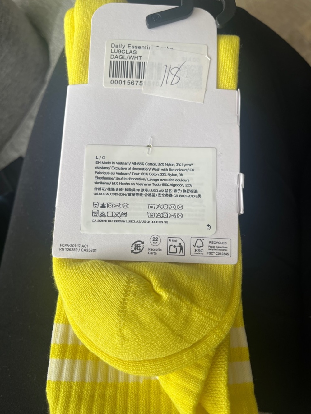 lululemon athletica Bright Yellow Crew Socks with White Stripes - Picture 2 of 2